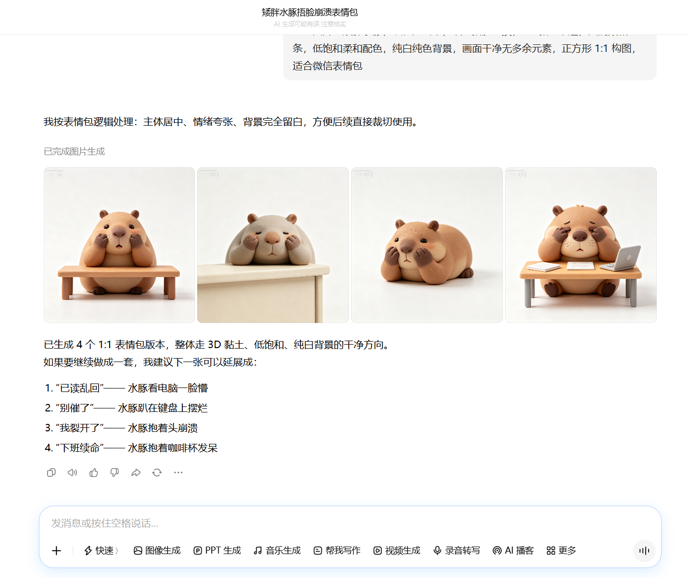 豆包生成职场水豚加班表情包实操界面